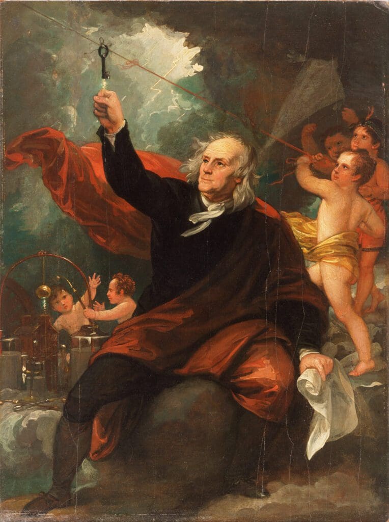 an artistic rendition of Franklin's kite experiment painted by Benjamin West c. 1816