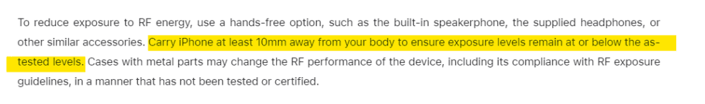 RF exposure information from apple showing that it's not designed to carry your phone in pocket or bra