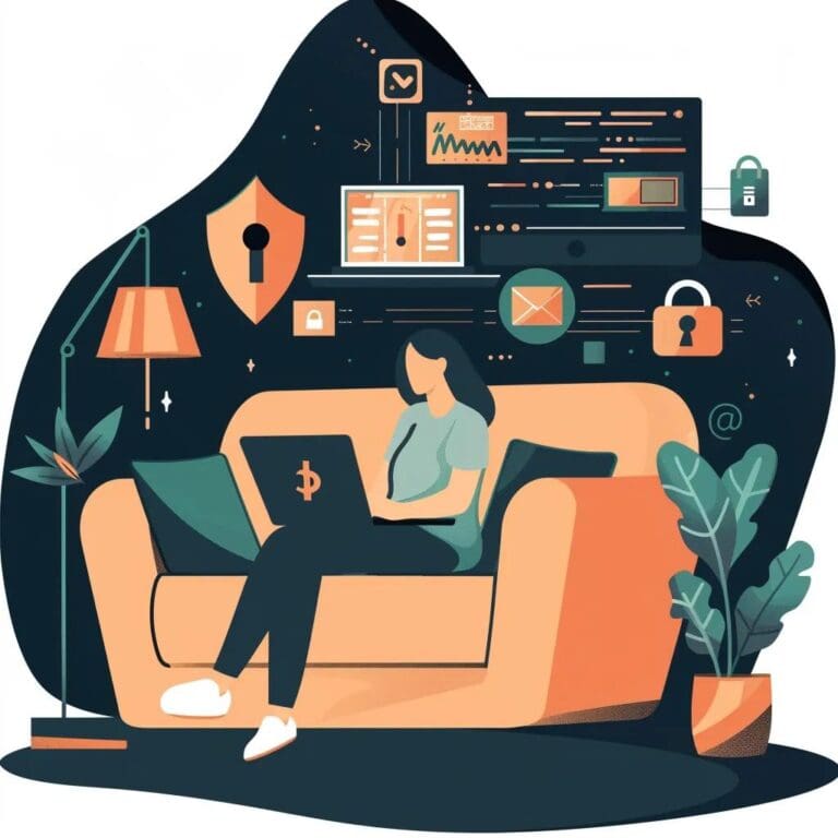 Person in a cozy home office focusing on data security with symbols of protection