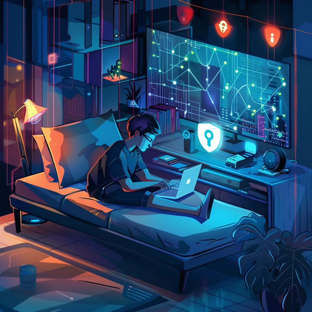 Person using a laptop in a cozy setting, surrounded by symbols of online privacy and security