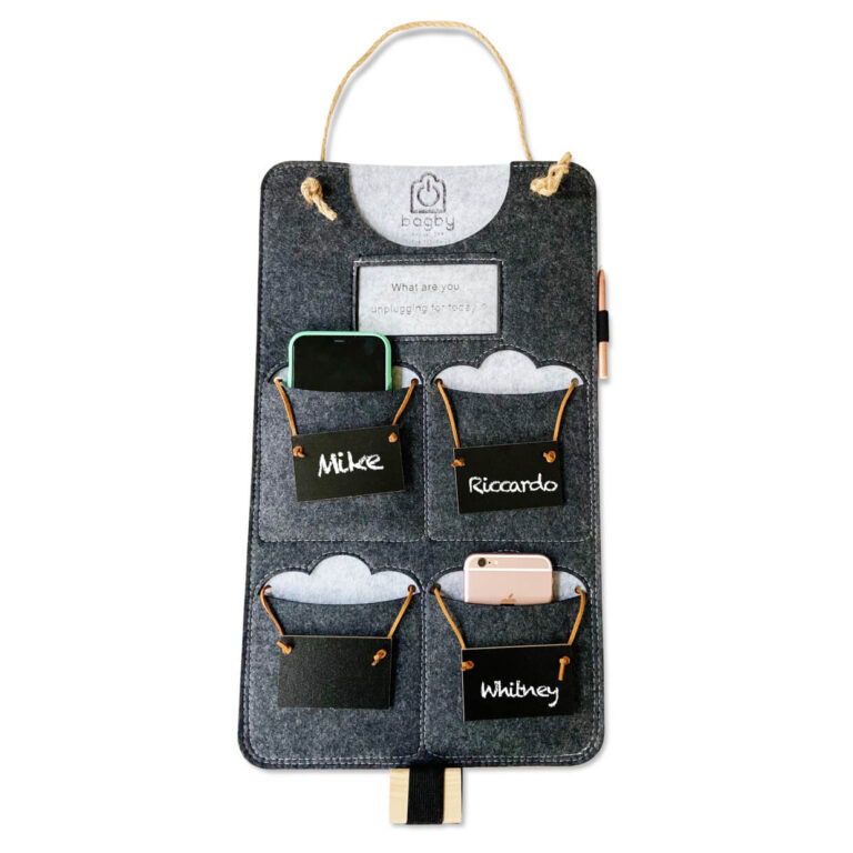Felt wall organizer with dark gray fabric, white cloud-shaped storage pockets, and leather labels for home or office organization