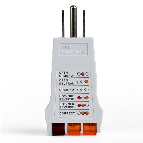White GFCI outlet tester with orange and red indicator lights and three-prong plug, showing ground, neutral, and hot wire status.