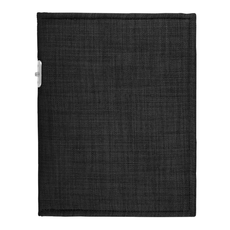 Black rectangular EMF protection fabric panel with textured surface and white tag