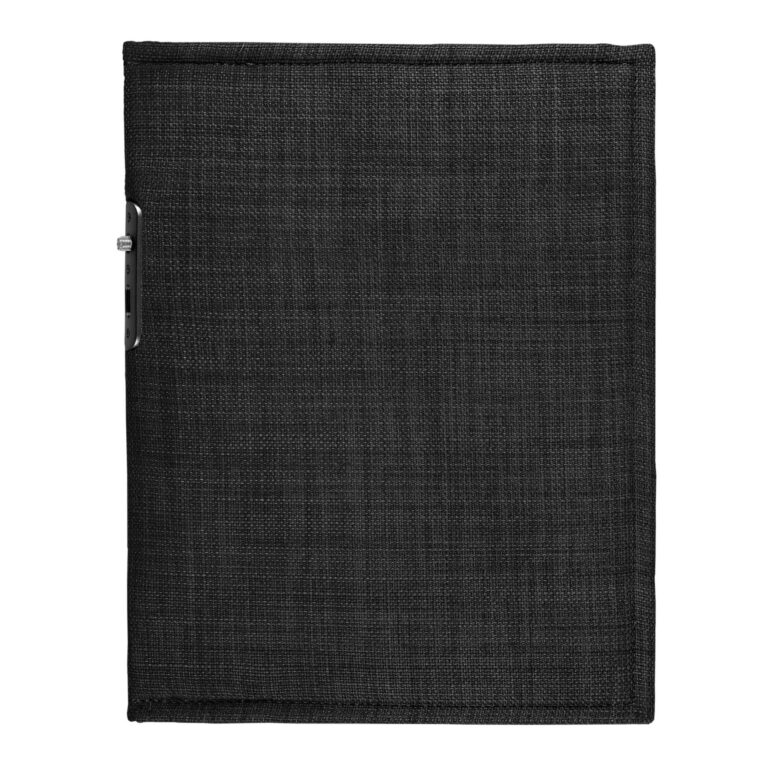 Dark gray textured fabric notebook or folder with subtle textile pattern and vertical zipper