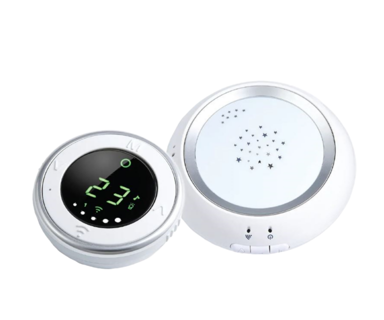 SYB white and silver round digital EMF protection device with green digital display and speaker