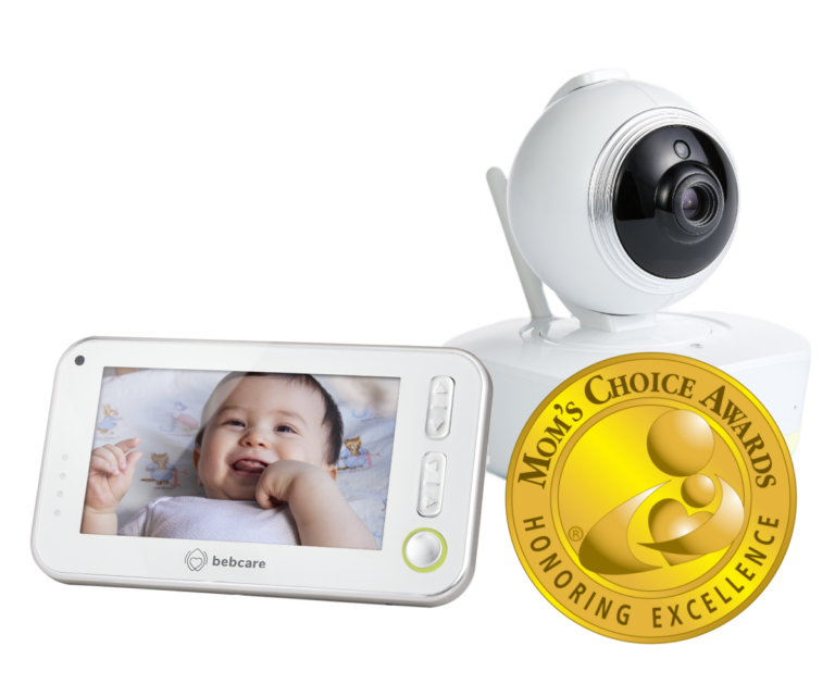 White digital baby monitor with camera, displaying smiling infant on screen, with golden award seal