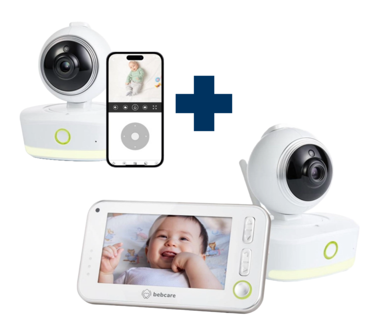 Baby monitor with camera, smartphone app, and handheld display screen showing infant, white and green color scheme