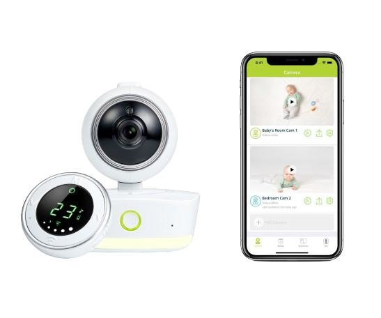 SYB baby monitor with white camera and digital display next to smartphone showing monitoring app screen