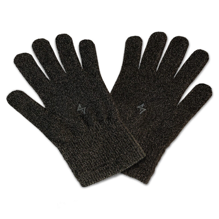 Dark gray knit gloves with a subtle textured pattern, displayed flat against a white background