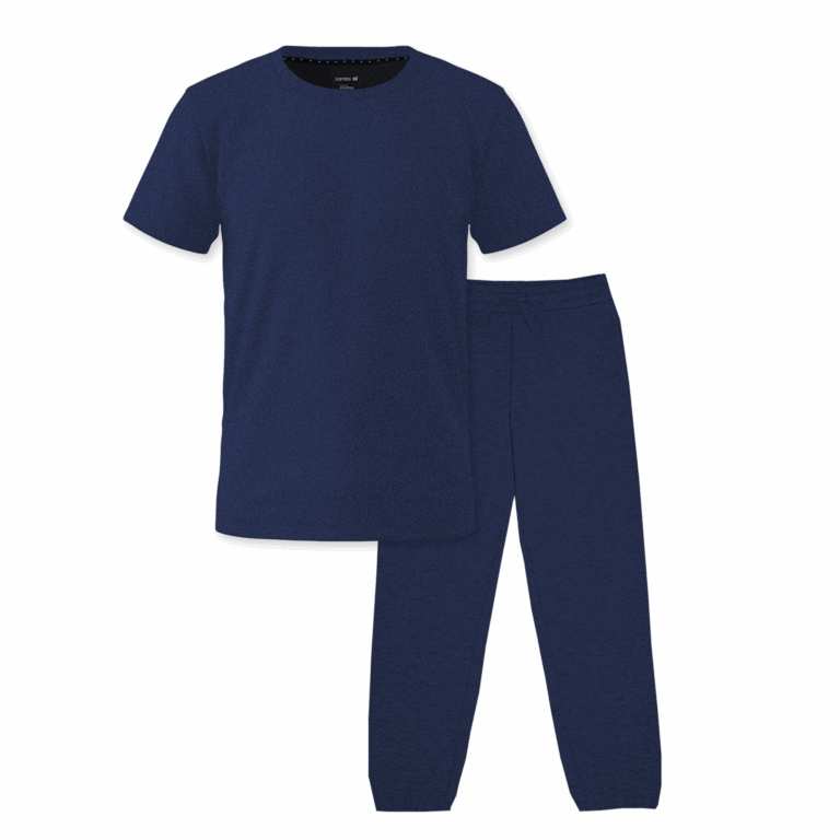 Navy blue short-sleeve t-shirt and matching jogger pants loungewear set on white background