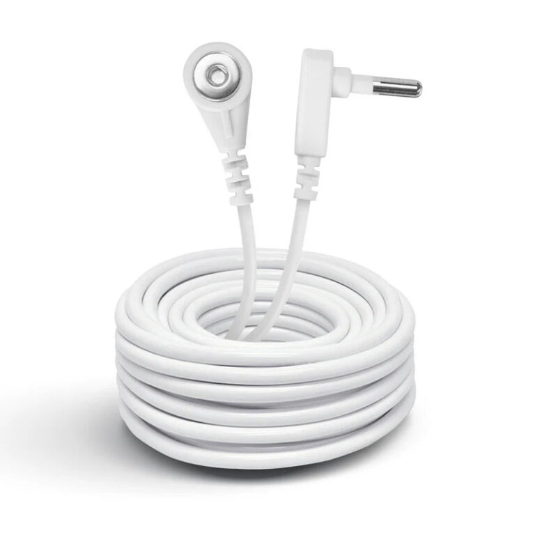 White coiled EMF protection cable with two white connectors against a white background