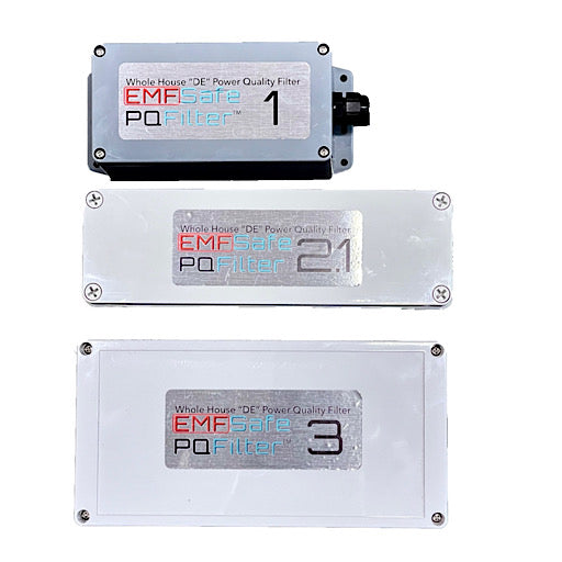 Three gray EMF protection devices labeled EMF PO 1, 2, and 3, stacked vertically on white background, with technical electronic enclosure design