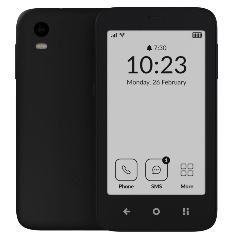 Black smartphone displaying time 10:23 on white screen, with phone, SMS, and more icons at bottom