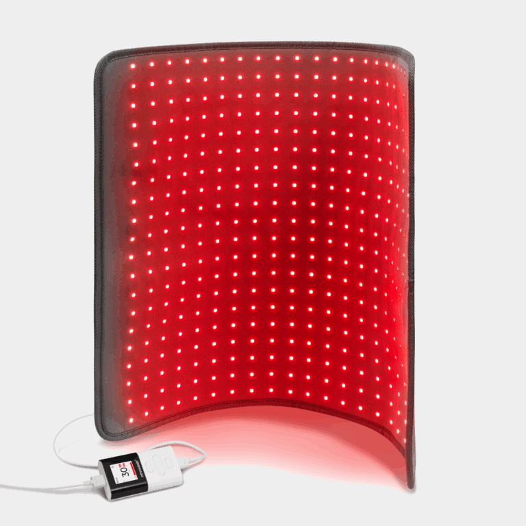 Red curved LED panel light with dense grid of illuminated dots, connected to a small control unit or power adapter