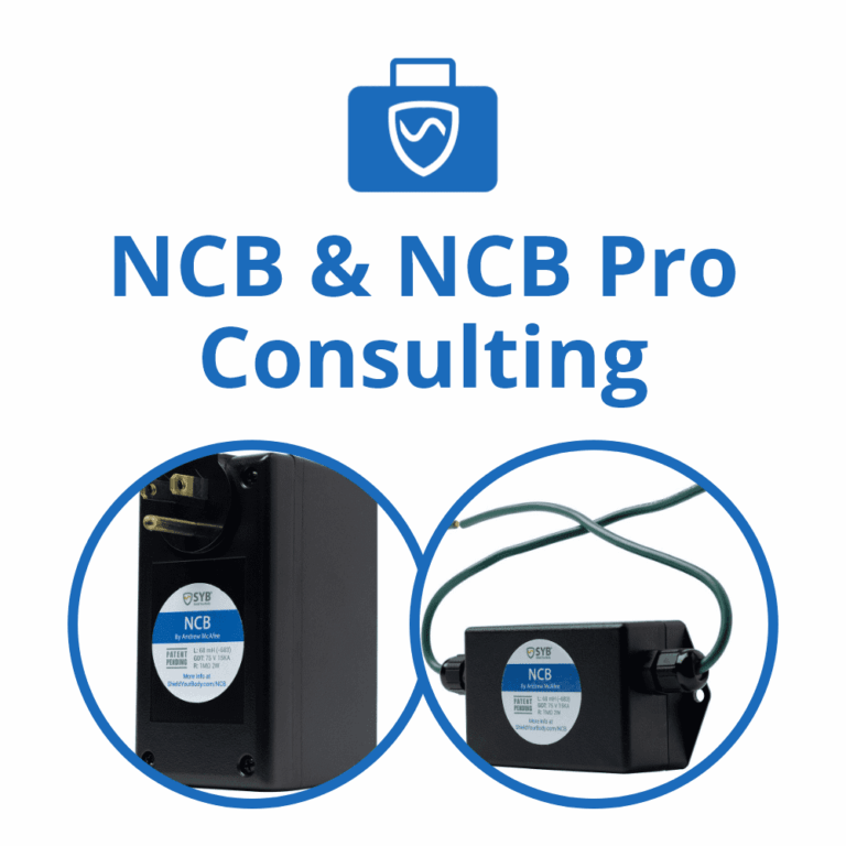 NCB & NCB Pro Consulting logo with two black electronic devices in blue-rimmed circular frames, likely EMF protection products