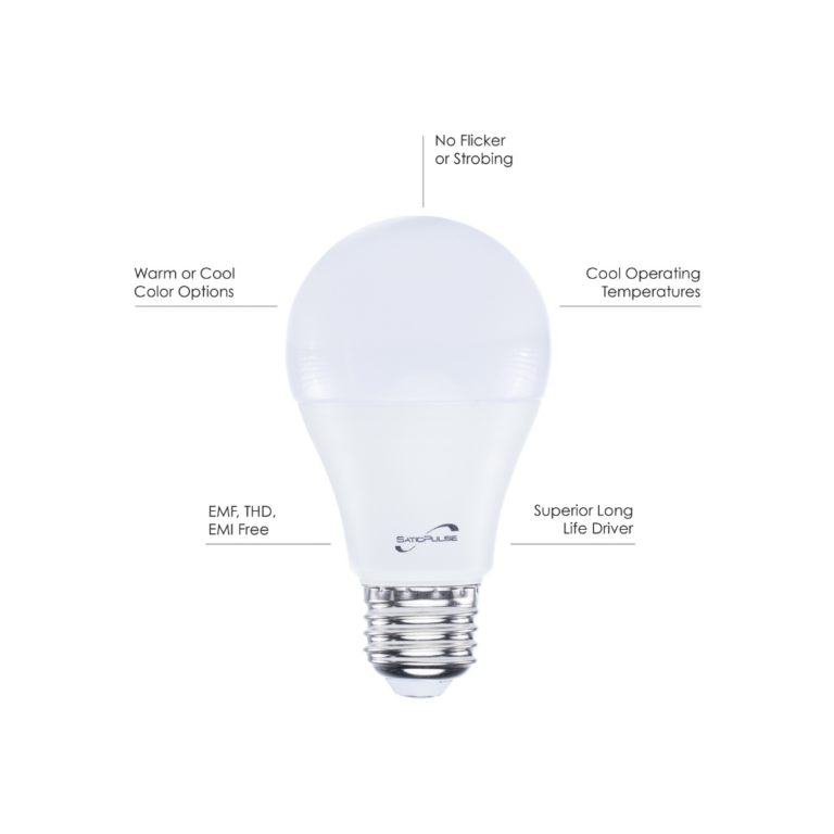 LED light bulb diagram showing EMF protection details, white bulb with standard E26 base, technical labels in grayscale