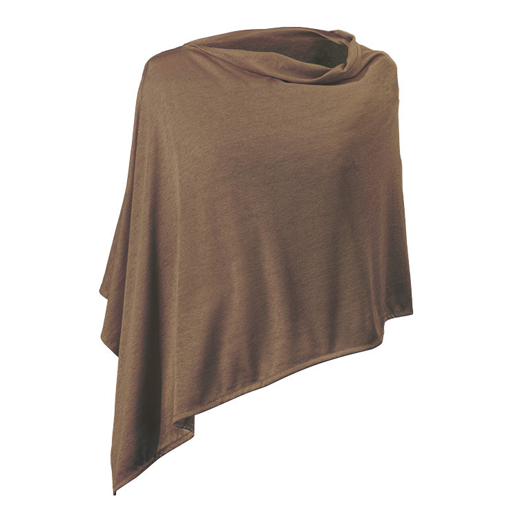 Brown asymmetrical poncho or wrap, draped loosely with soft fabric and uneven hemline, lightweight material