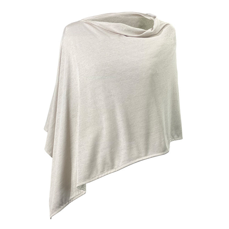 Light gray asymmetrical poncho or wrap, soft fabric draped elegantly with uneven hemline