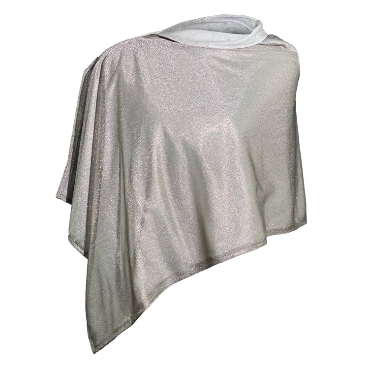 Asymmetrical silver-gray poncho or wrap draped elegantly, with soft folds and a lightweight, shimmery texture