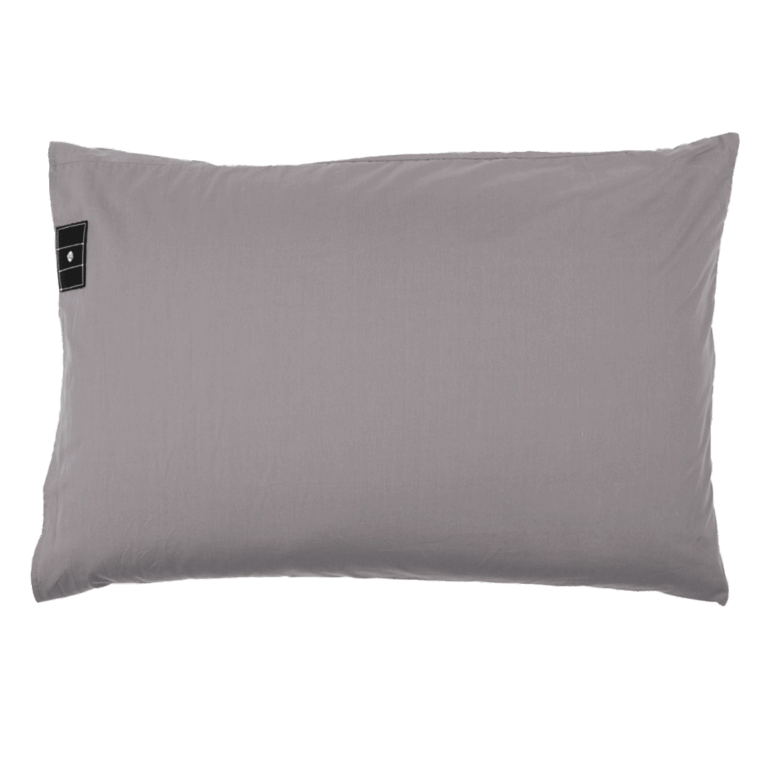 Gray rectangular pillow with SYB logo tag, minimalist design for EMF protection bedding