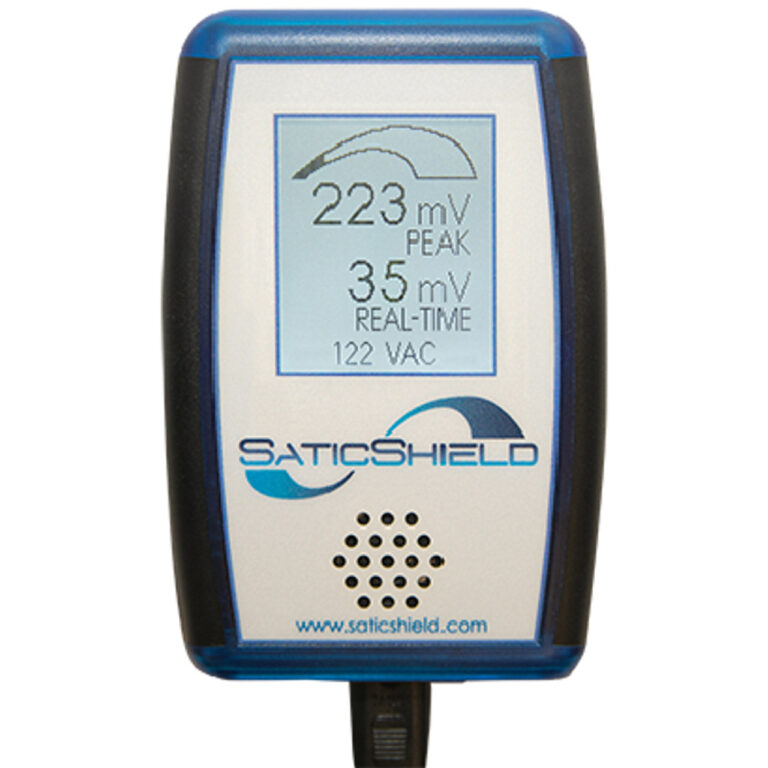 SaticShield EMF meter device with blue and black casing, displaying 223 mV peak measurement on digital screen
