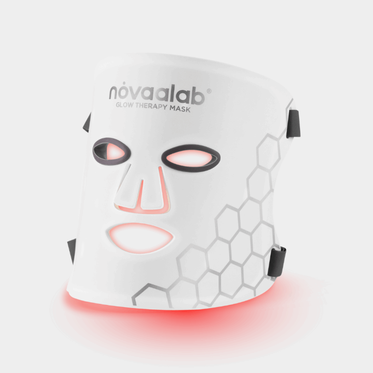 NovaLab white and red LED light therapy face mask with hexagonal pattern, curved design with eye and mouth openings