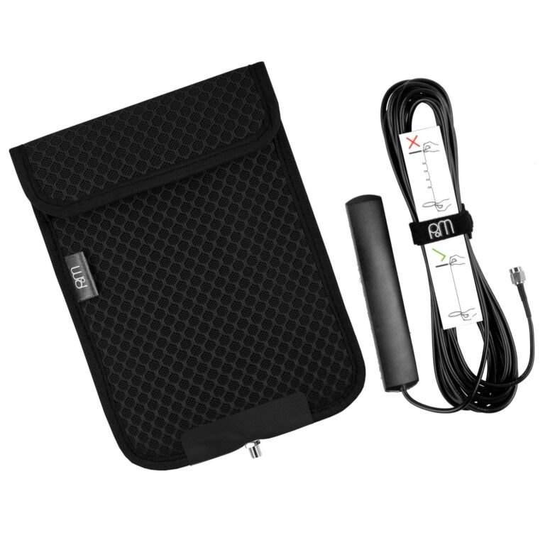 Black SYB EMF protection pouch with textured fabric, black power cord, and black accessory cable neatly laid out