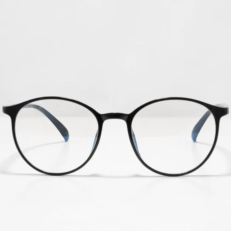 Black round eyeglasses with thin frames, centered on a white background, showcasing a minimalist design with blue light filter coating.