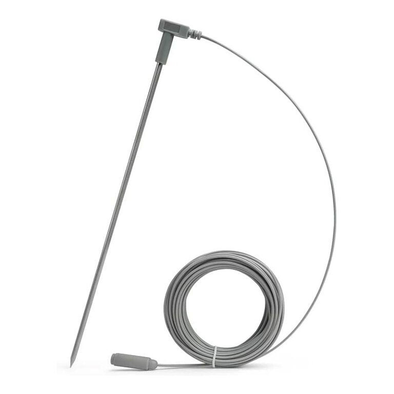 Gray coiled cable with straight metal probe on SYB EMF protection grounding cord against white background