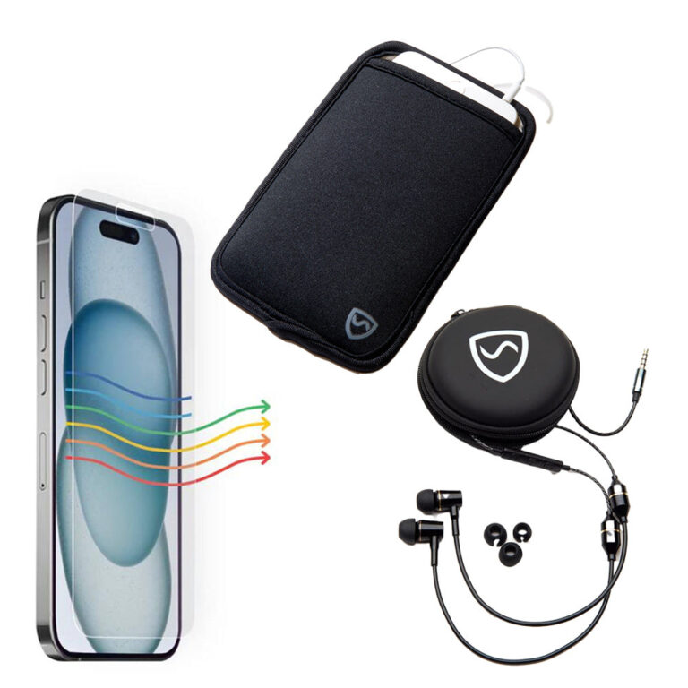 SYB EMF protection bundle with blue smartphone, black phone sleeve, case, and wired earbuds with protective shield logo