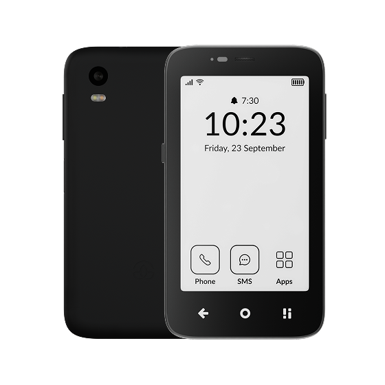 Black smartphone with white screen displaying time 10:23 on Friday, 23 September, with simple interface buttons