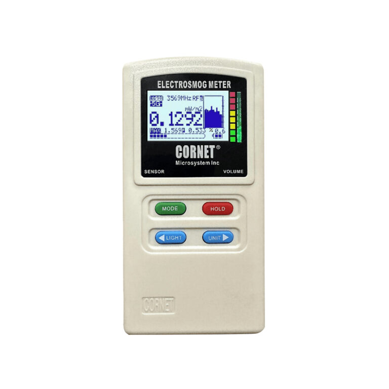 Cornet ED88T EMF meter with digital display showing readings, white body with red, green, blue buttons