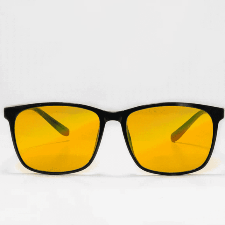 Yellow-lens rectangular sunglasses with black frames against a white background, minimalist design