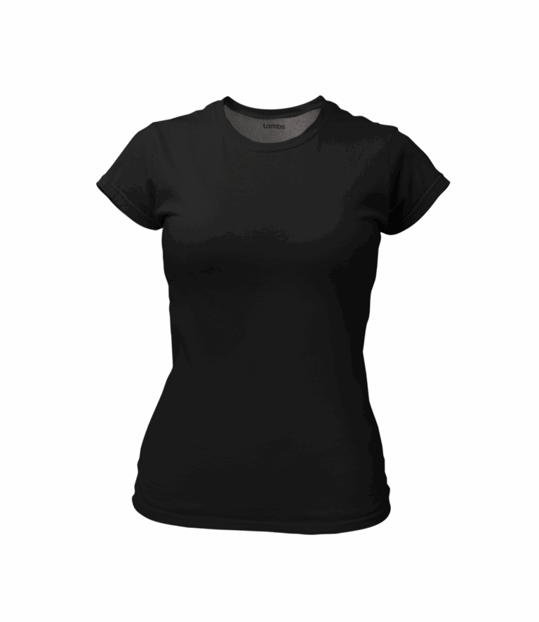 Black women's fitted crew neck t-shirt against white background, standard cut with short sleeves