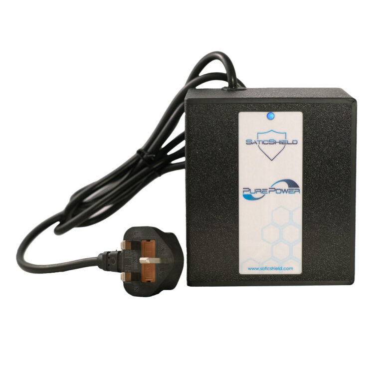 SYB black EMF protection device with UK power plug, connected cord, and blue logo on white label