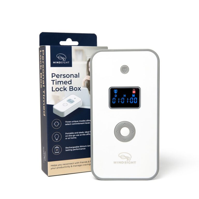 SYB Personal Timed Lock Box in navy blue packaging, white device with digital blue display and circular button
