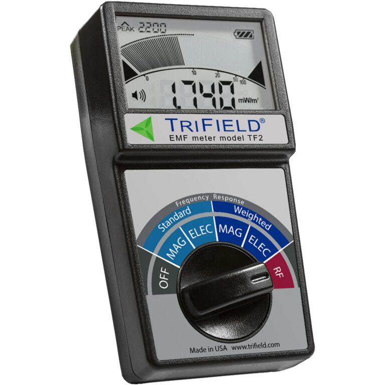 Trifield EMF meter with digital display showing 1748, black device with multicolored dial and gray digital screen