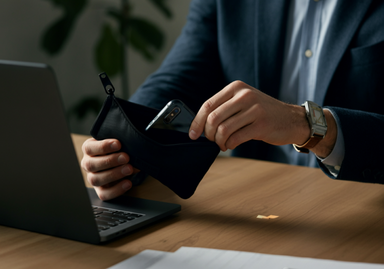 Placing phone in Faraday pouch before meeting