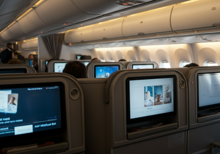 Airplane cabin interior with passengers and EMF exposure sources