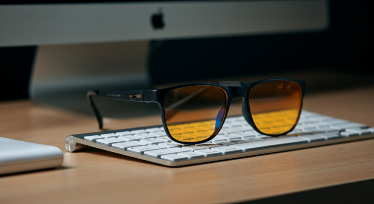 Person wearing blue light glasses while working at computer