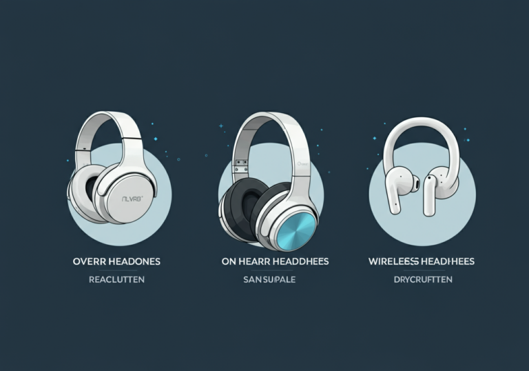 Different types of Bluetooth headphones including over-ear and earbuds