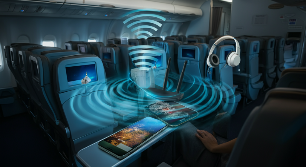 Cross-section of airplane cabin showing EMF sources from WiFi and devices