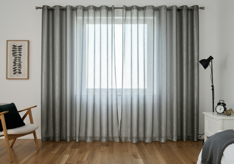 EMF shielding curtains installed on a bedroom window for radiation protection