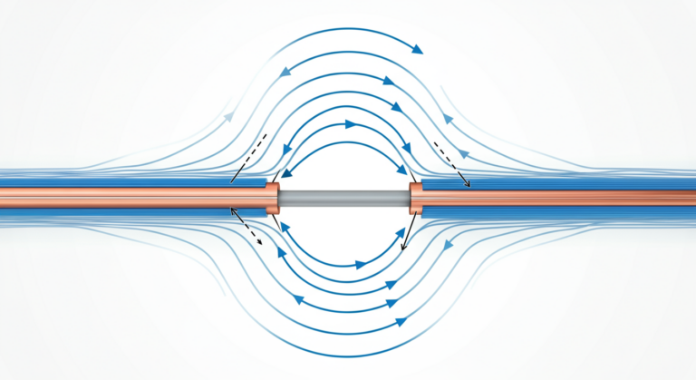 Diagram showing electromagnetic field inducing electrical current in a conductor