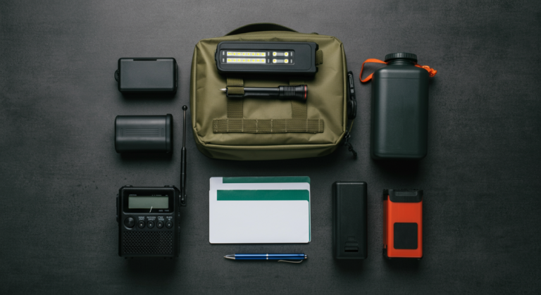 Emergency kit items including radio flashlight and batteries suitable for Faraday storage