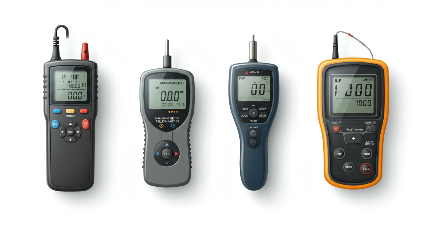 Four types of EMF meters side by side: RF meter, gaussmeter, electric field meter, and multi-function meter