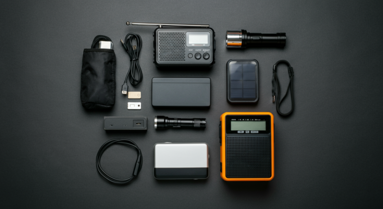 Components of an EMP protection emergency kit including radio power bank and communication devices