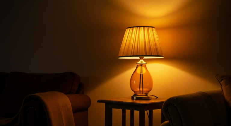 Evening room with dim lighting for better sleep and reduced blue light