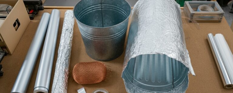 Metal buckets, reflective material, and cylindrical objects on cardboard surface for EMF protection product setup