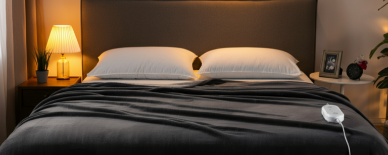 Cozy bedroom with gray bedding, white pillows, warm table lamp, and SYB EMF protection product on bed